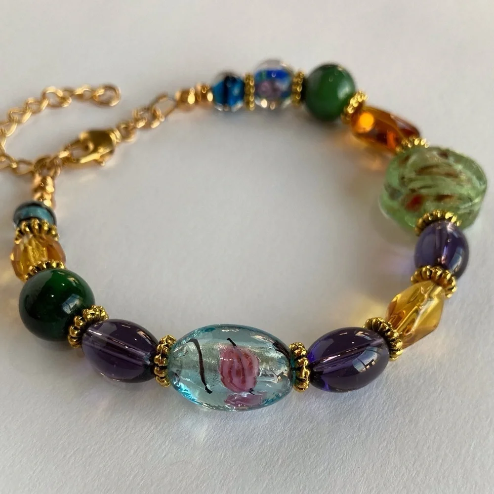 HAND CRAFTED Lamp-worked Glass Czech Crystal Beaded BRACELET Gold 7” NWT